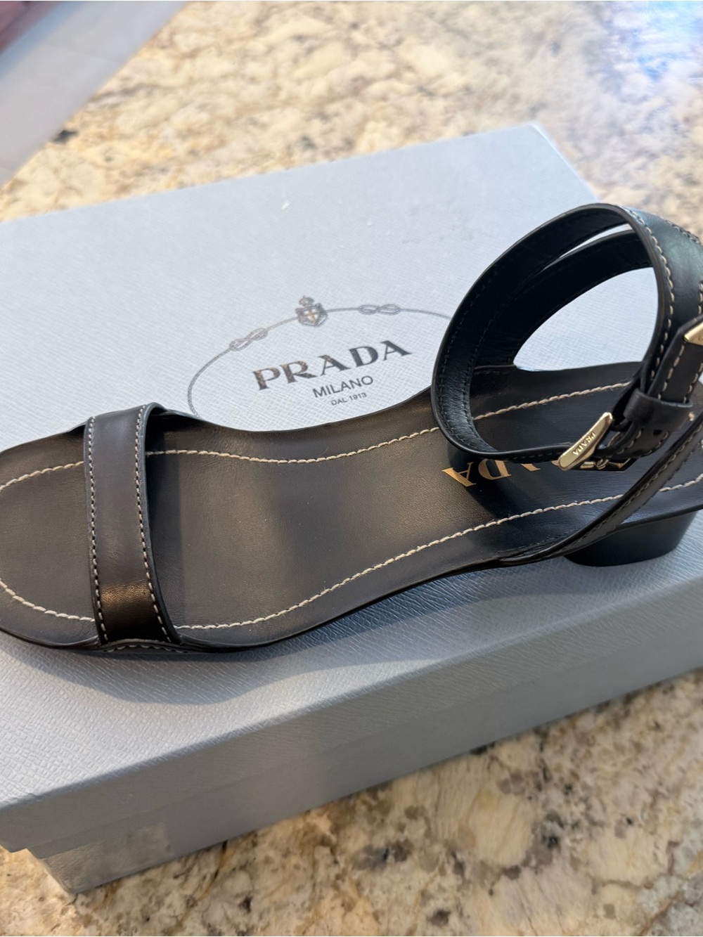 Prada Black Leather Ankle-Strap Sandals with Gold Buckle
